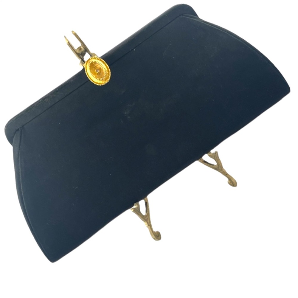 Stunning 1940s Black clutch purse with gold hardware snap close wrist strap